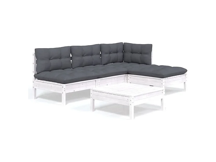Salon de jardin 5 pcs avec coussins blanc bois de pin
