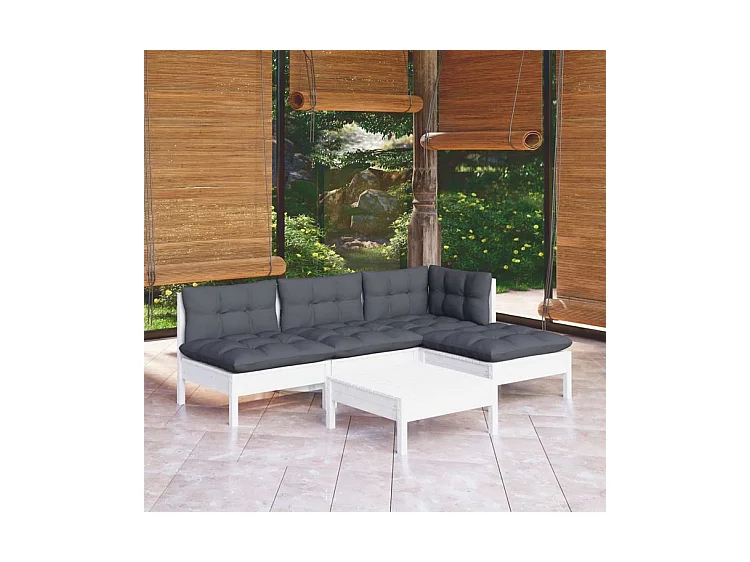 Salon de jardin 5 pcs avec coussins blanc bois de pin