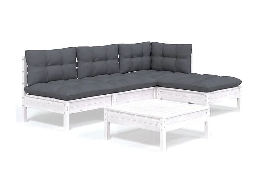 Salon de jardin 5 pcs avec coussins blanc bois de pin