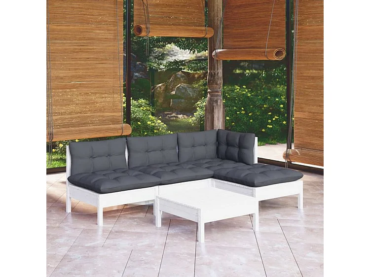 Salon de jardin 5 pcs avec coussins blanc bois de pin