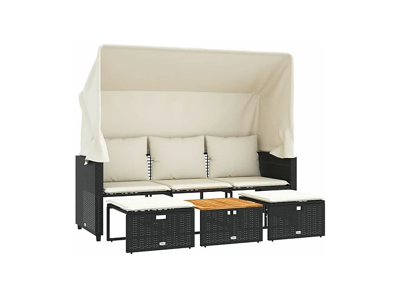 Canapé de jardin 3 places avec auvent et tabourets noir rotin
