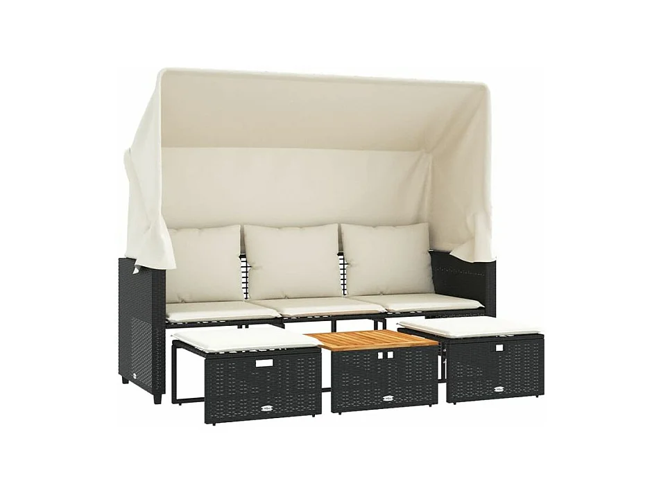 Canapé de jardin 3 places avec auvent et tabourets noir rotin