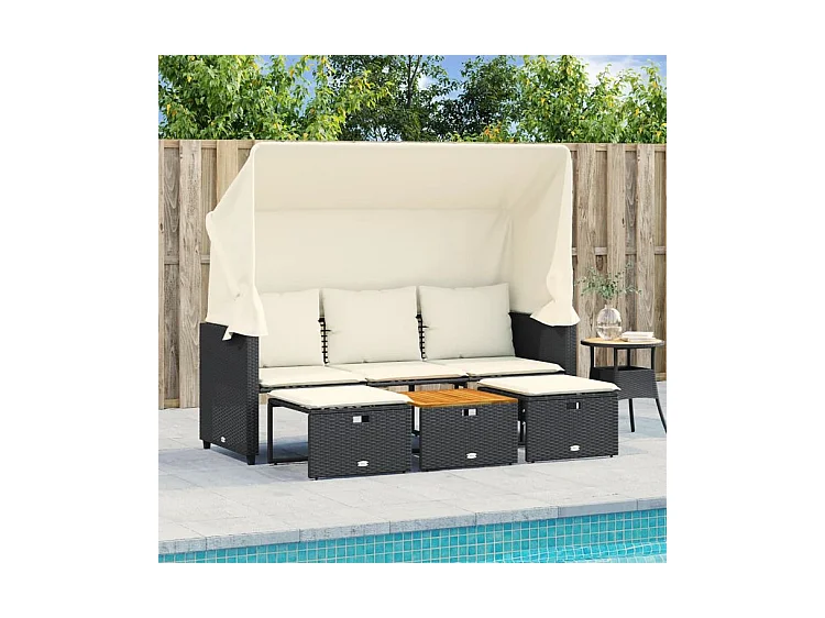 Canapé de jardin 3 places avec auvent et tabourets noir rotin