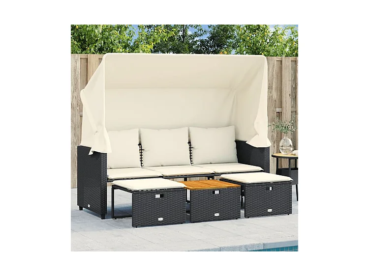 Canapé de jardin 3 places avec auvent et tabourets noir rotin