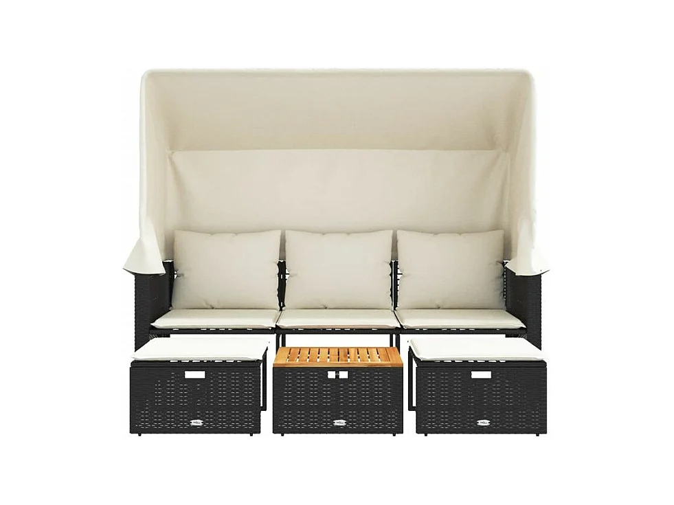 Canapé de jardin 3 places avec auvent et tabourets noir rotin