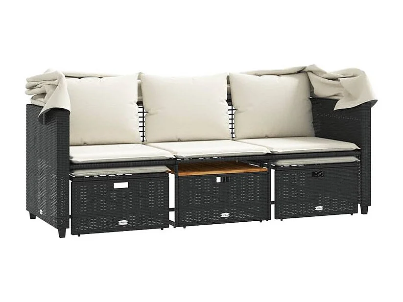 Canapé de jardin 3 places avec auvent et tabourets noir rotin