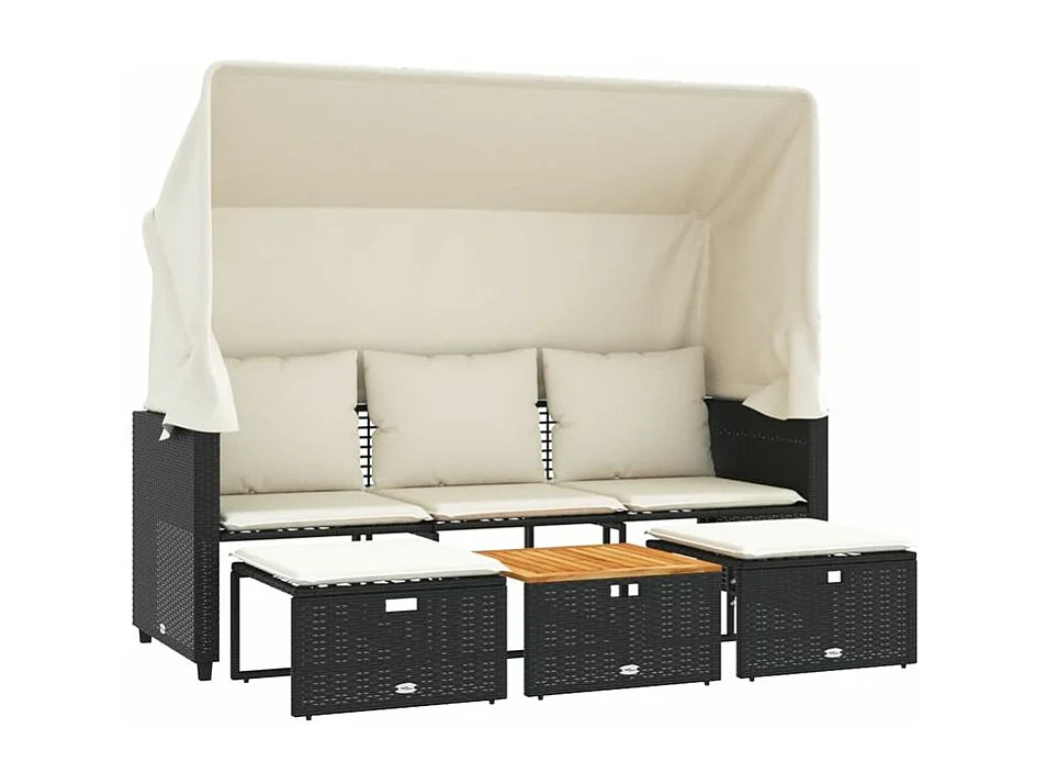 Canapé de jardin 3 places avec auvent et tabourets noir rotin