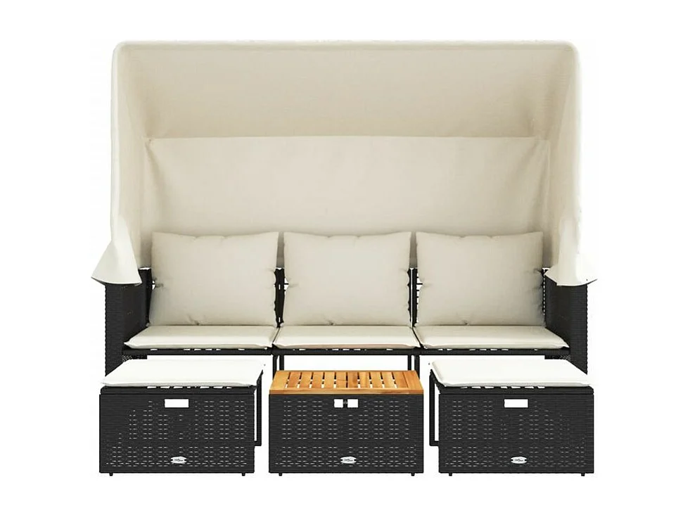 Canapé de jardin 3 places avec auvent et tabourets noir rotin