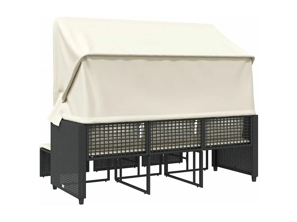 Canapé de jardin 3 places avec auvent et tabourets noir rotin