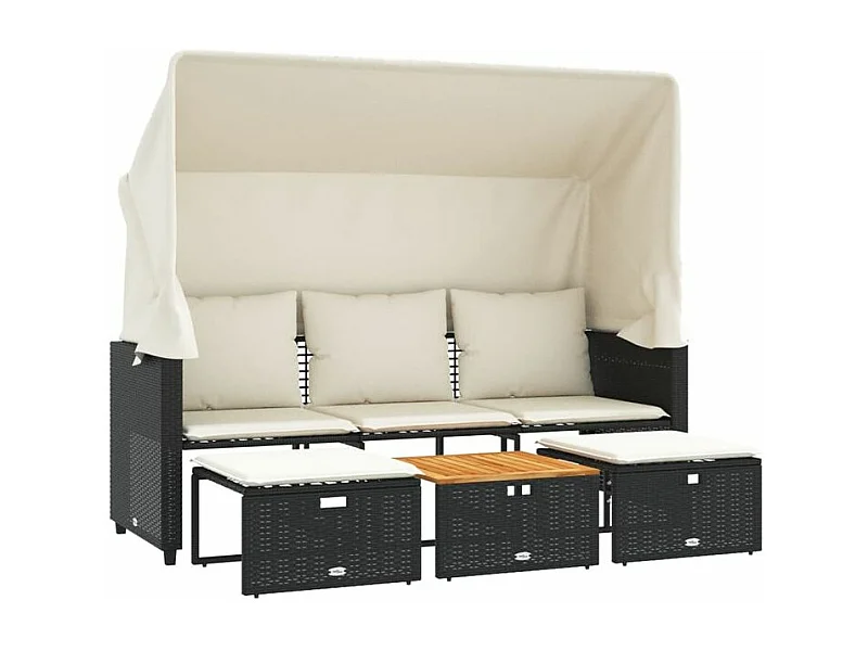 Canapé de jardin 3 places avec auvent et tabourets noir rotin