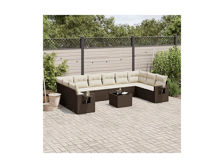 Salon de jardin et coussins 11 pcs marron résine tressée
