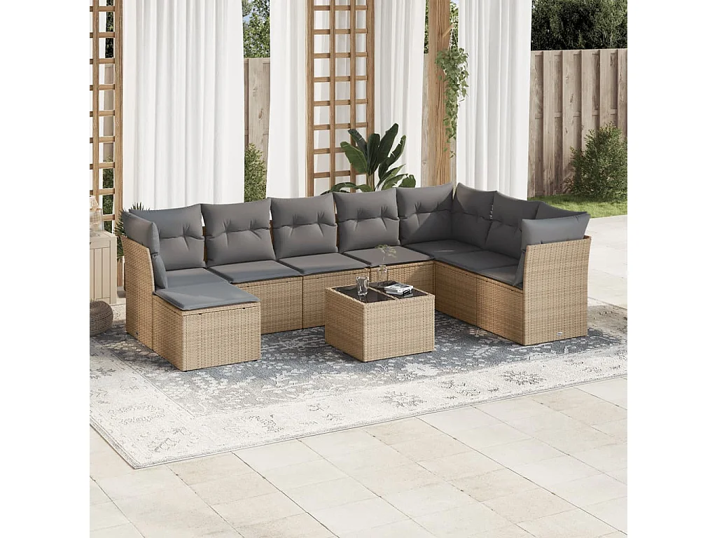 Salon de jardin avec coussins 9 pcs beige résine tressée