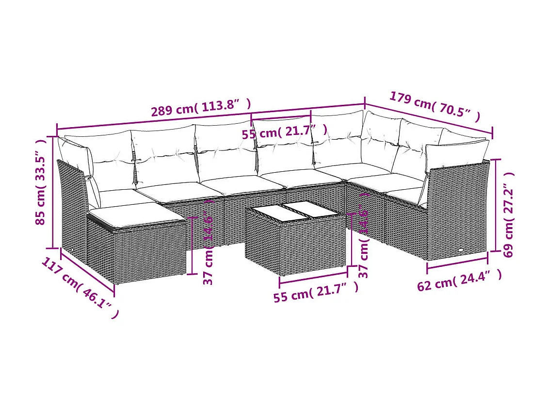 Salon de jardin avec coussins 9 pcs beige résine tressée