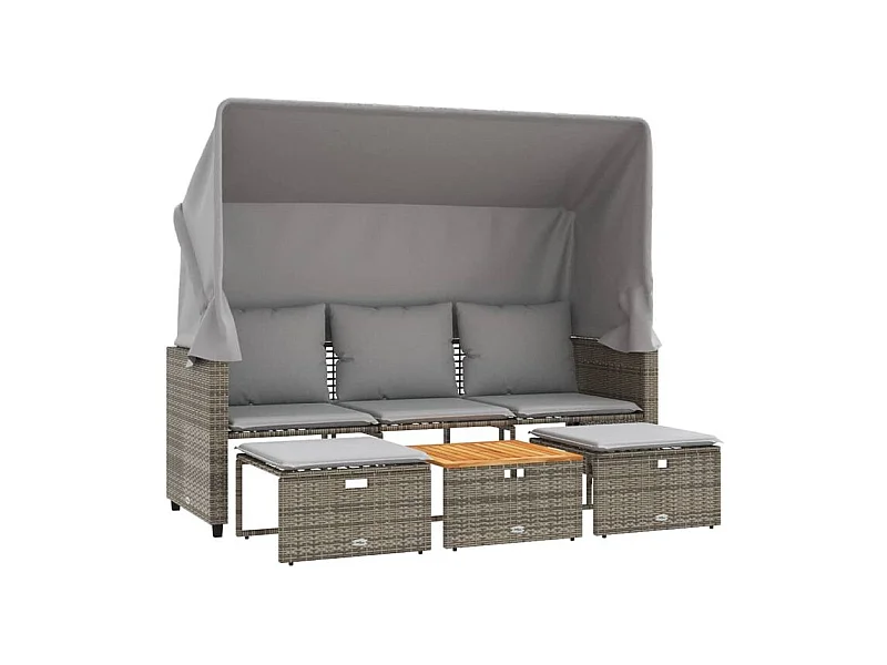 Canapé de jardin 3 places avec auvent et tabourets gris rotin