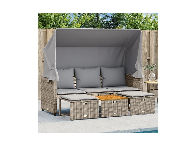 Canapé de jardin 3 places avec auvent et tabourets gris rotin