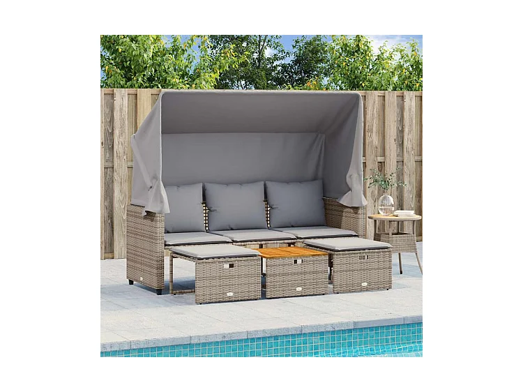 Canapé de jardin 3 places avec auvent et tabourets gris rotin