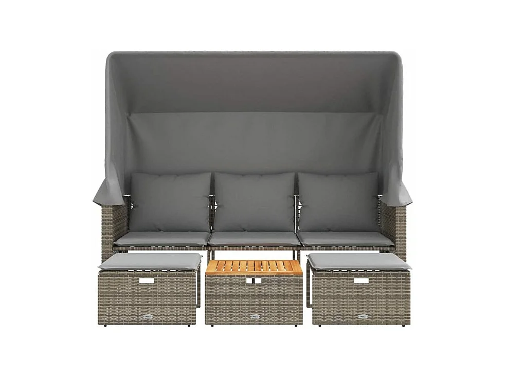Canapé de jardin 3 places avec auvent et tabourets gris rotin