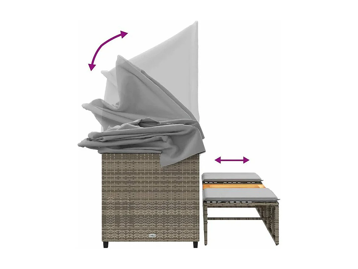 Canapé de jardin 3 places avec auvent et tabourets gris rotin