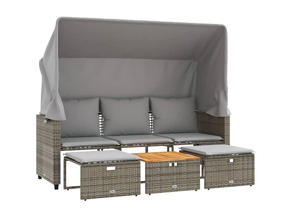 Canapé de jardin 3 places avec auvent et tabourets gris rotin