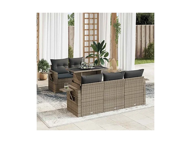 Salon de jardin 6 pcs avec coussins gris résine tressée