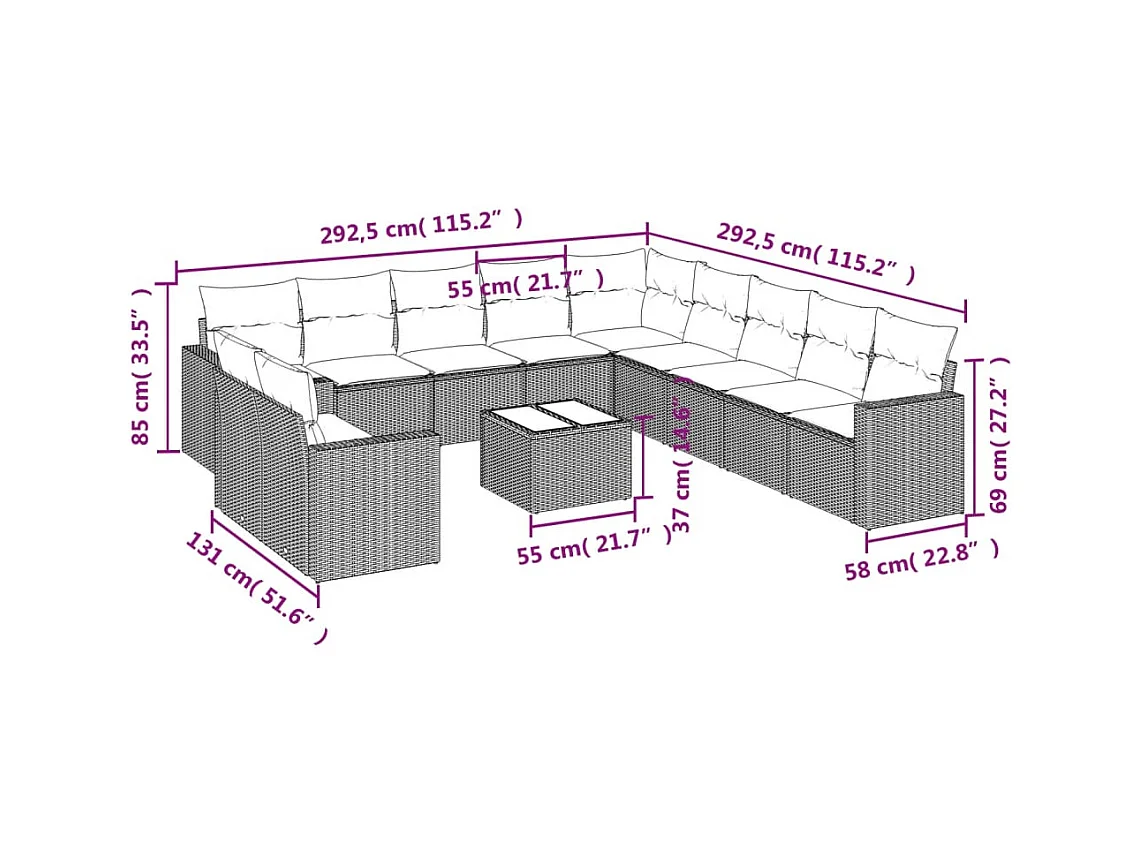 Salon de jardin avec coussins 12 pcs beige résine tressée