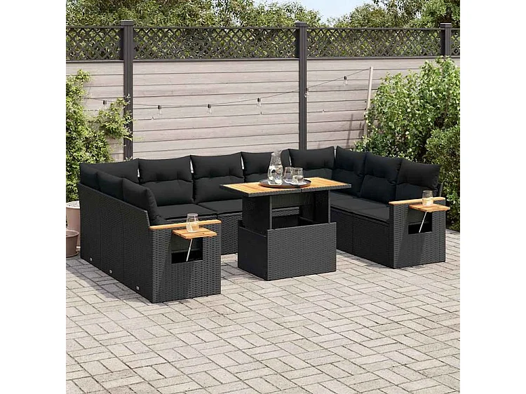 Salon de jardin 10 pcs avec coussins noir résine tressée acacia