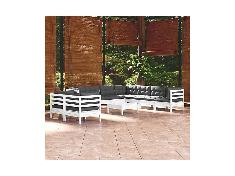 Salon de jardin 10 pcs avec coussins blanc bois de pin massif