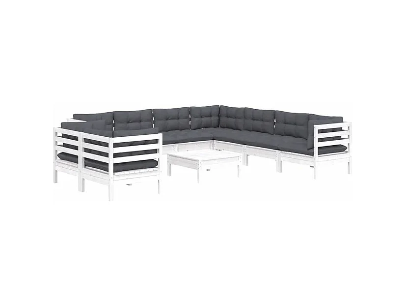 Salon de jardin 10 pcs avec coussins blanc bois de pin massif