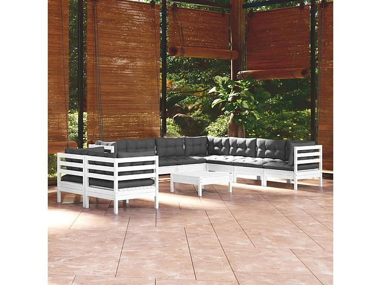 Salon de jardin 10 pcs avec coussins blanc bois de pin massif