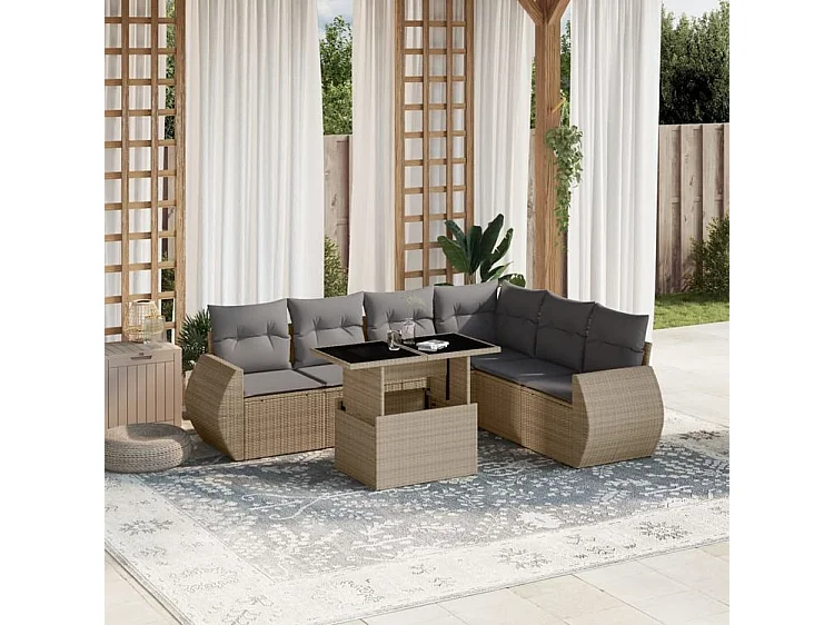 Salon de jardin avec coussins 7 pcs beige résine tressée