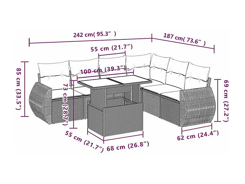 Salon de jardin avec coussins 7 pcs beige résine tressée