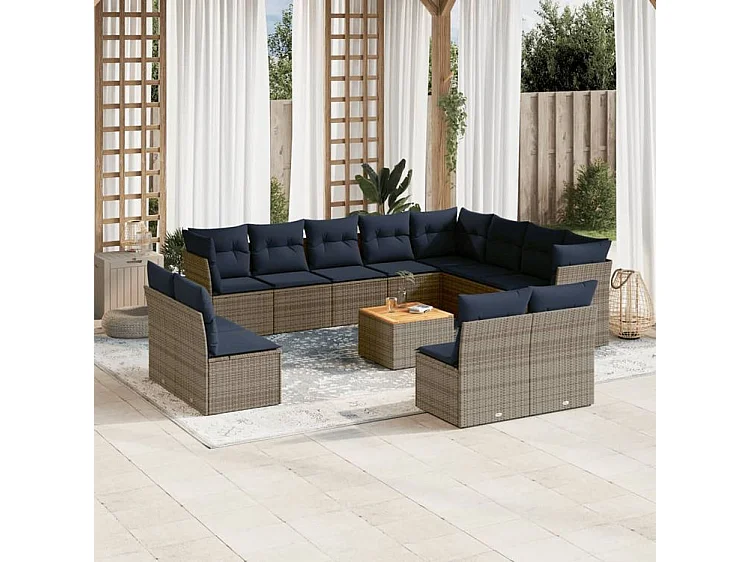Salon de jardin avec coussins 13 pcs gris résine tressée