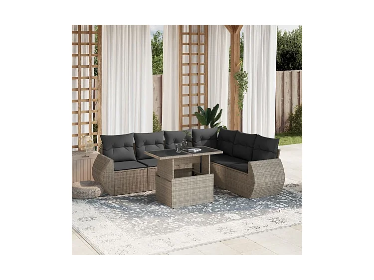 Salon de jardin avec coussins 7 pcs gris clair résine tressée