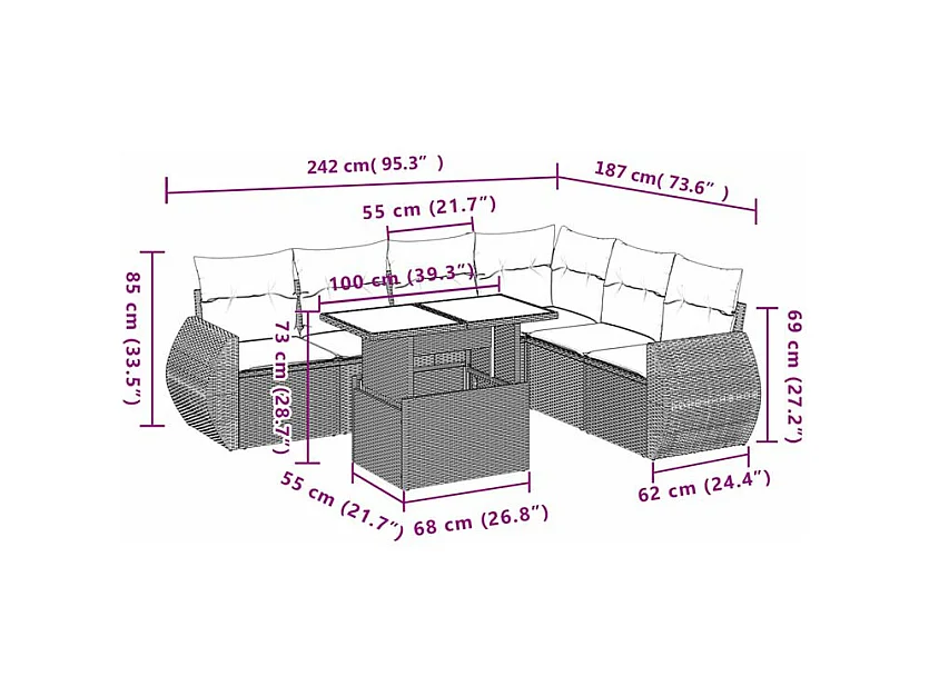 Salon de jardin avec coussins 7 pcs gris clair résine tressée