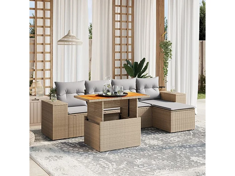 Salon de jardin avec coussins 6 pcs beige résine tressée