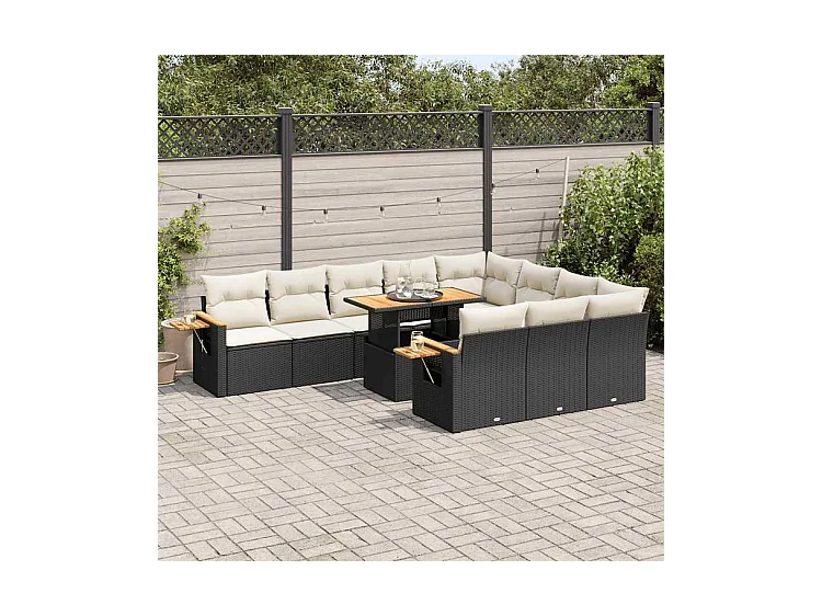 Salon de jardin 10 pcs avec coussins noir résine tressée acacia