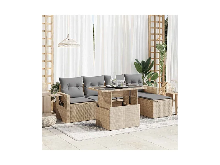Salon de jardin avec coussins 6 pcs beige résine tressée