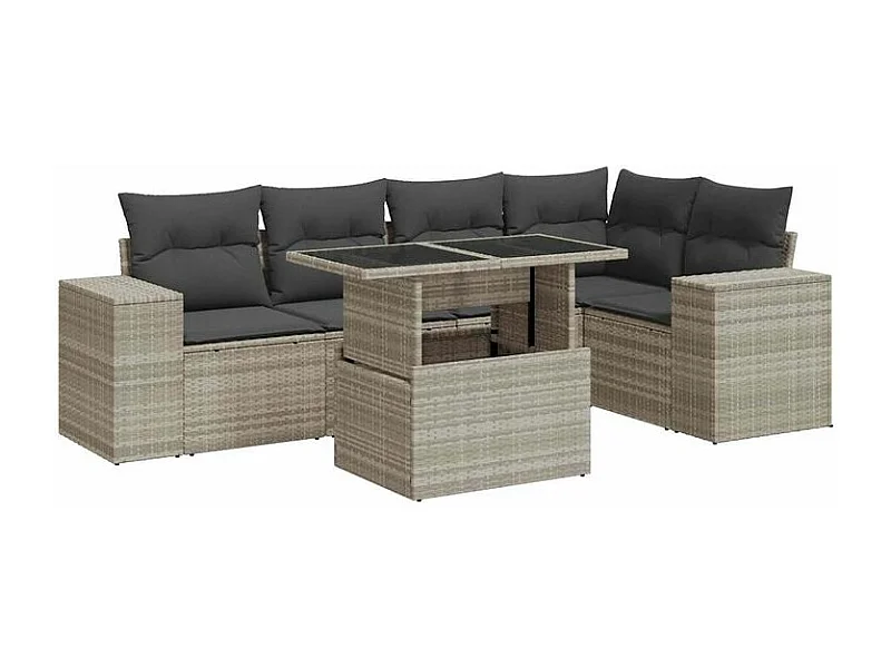 Salon de jardin 6 pcs avec coussins gris clair résine tressée
