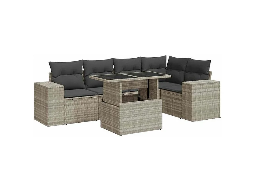 Salon de jardin 6 pcs avec coussins gris clair résine tressée