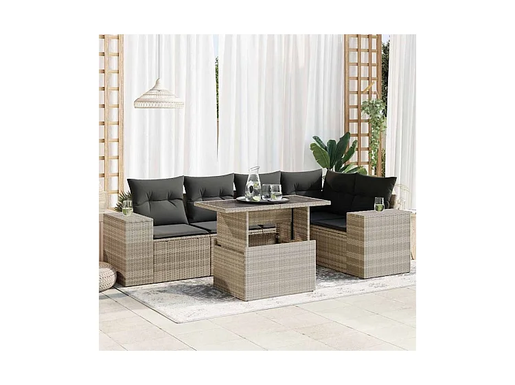 Salon de jardin 6 pcs avec coussins gris clair résine tressée