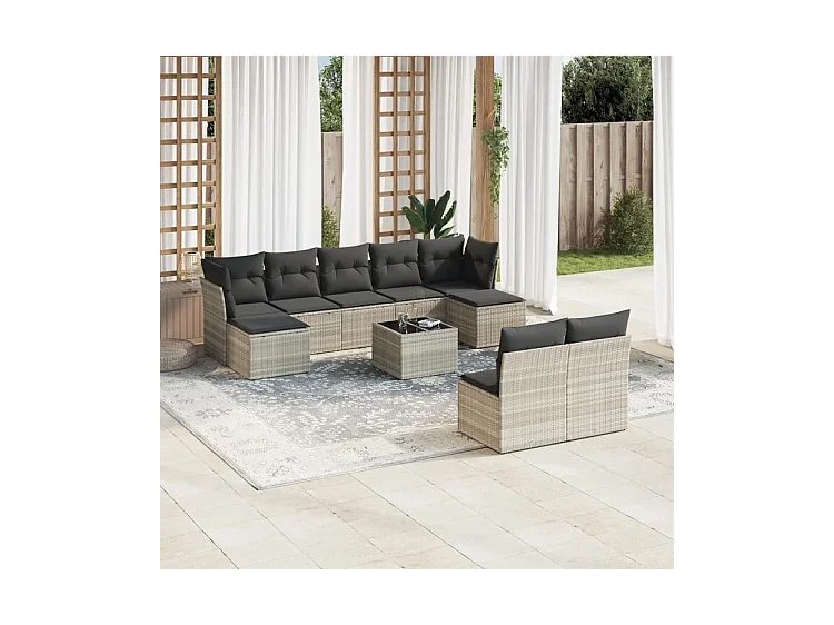 Salon de jardin avec coussins 10 pcs gris clair résine tressée