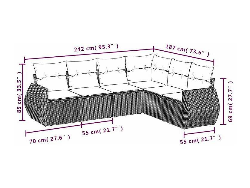 Salon de jardin 6 pcs avec coussins gris clair résine tressée