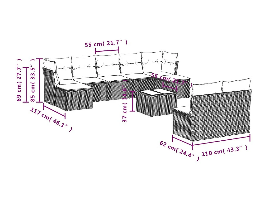 Salon de jardin avec coussins 10 pcs beige résine tressée