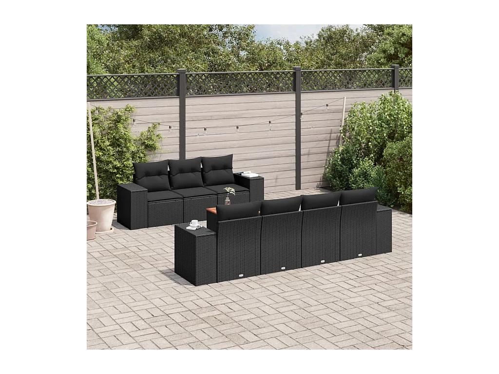 Salon de jardin 8 pcs avec coussins noir résine tressée