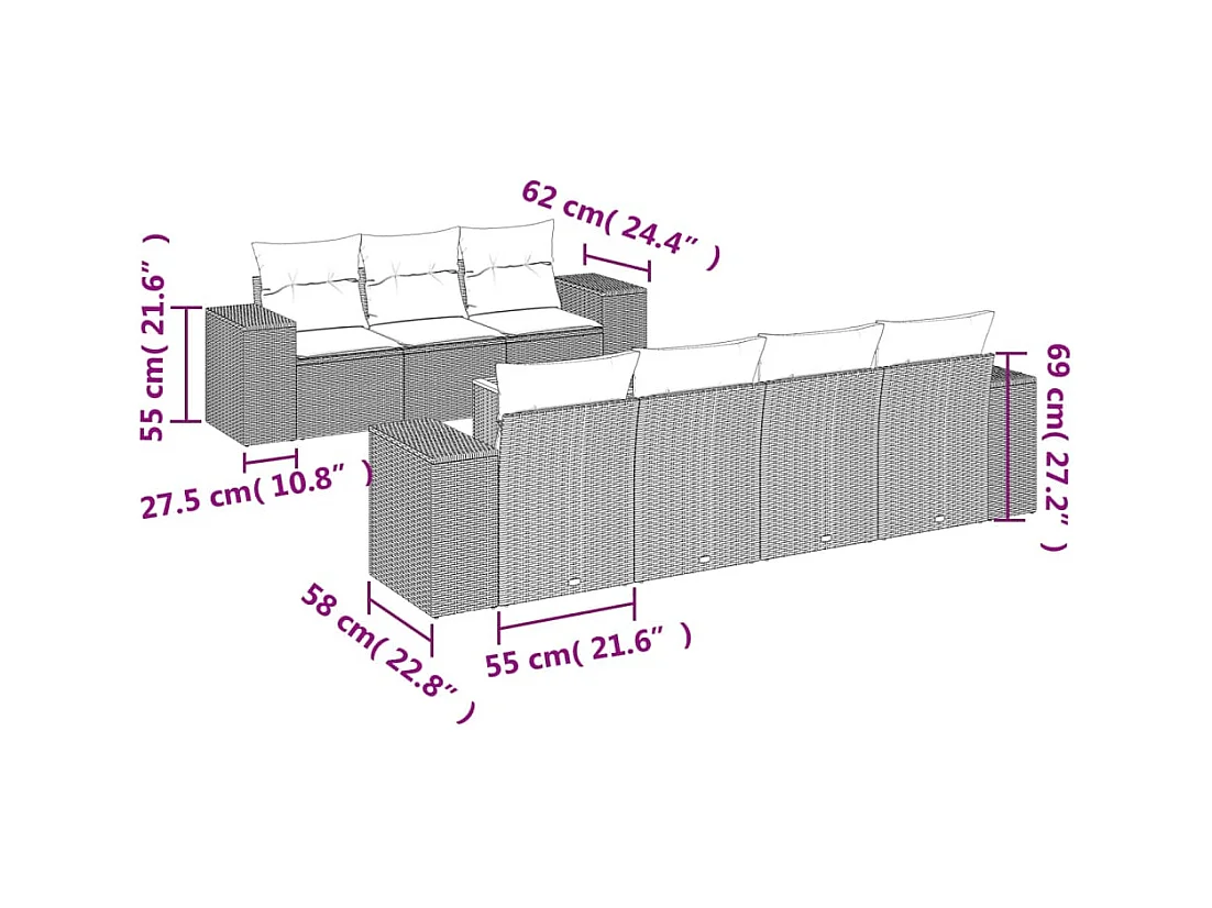 Salon de jardin 8 pcs avec coussins noir résine tressée