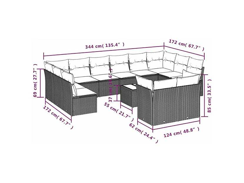 Salon de jardin avec coussins 13 pcs marron résine tressée