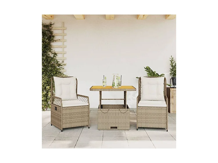 Ensemble à manger de jardin et coussins 3 pcs Beige poly rotin