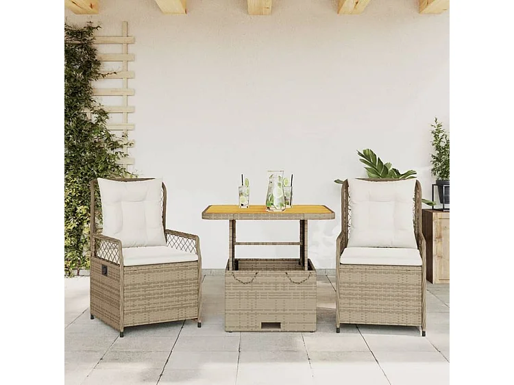 Ensemble à manger de jardin et coussins 3 pcs Beige poly rotin