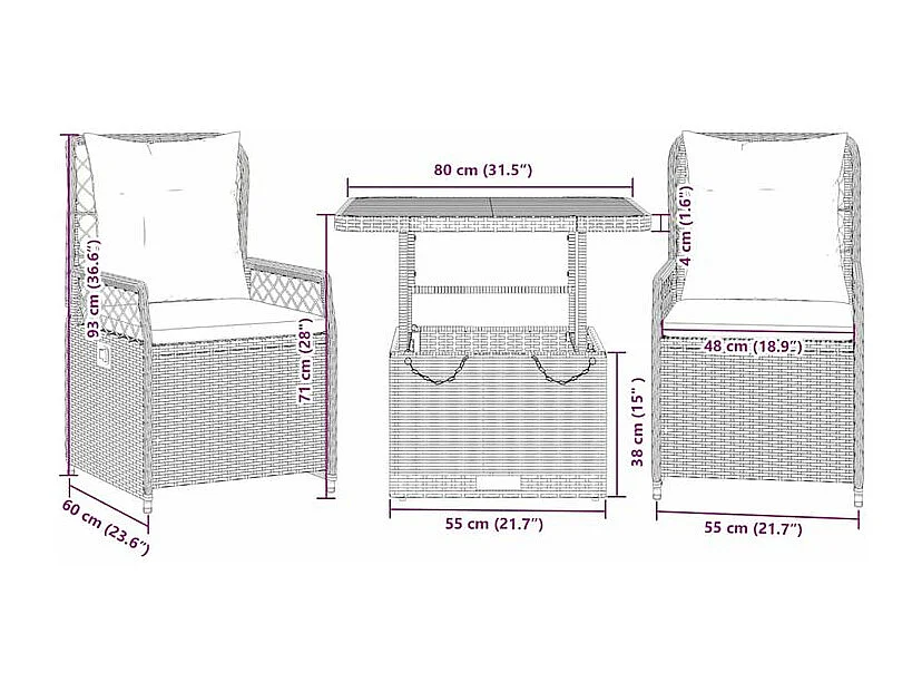 Ensemble à manger de jardin et coussins 3 pcs Beige poly rotin