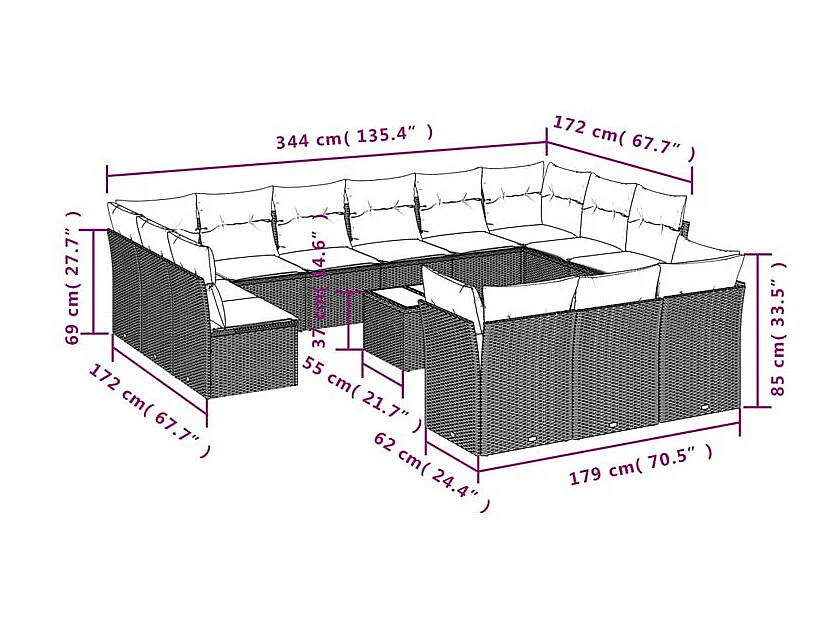 Salon de jardin avec coussins 14 pcs marron résine tressée